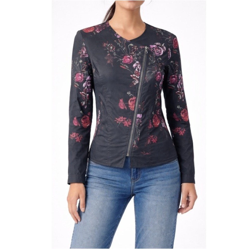 Shay & Coco Women's Floral Asymmetrical Zipper Moto Jacket Size S‎